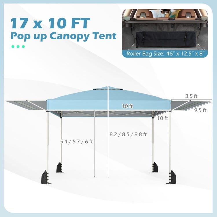 10 x 17 feet blue pop-up canopy tent with dual adjustable awnings, perfect for outdoor gatherings and events.