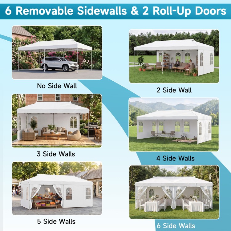 Pop up canopy tent with 6 removable sidewalls, adjustable height, and durable water-resistant fabric for outdoor events.
