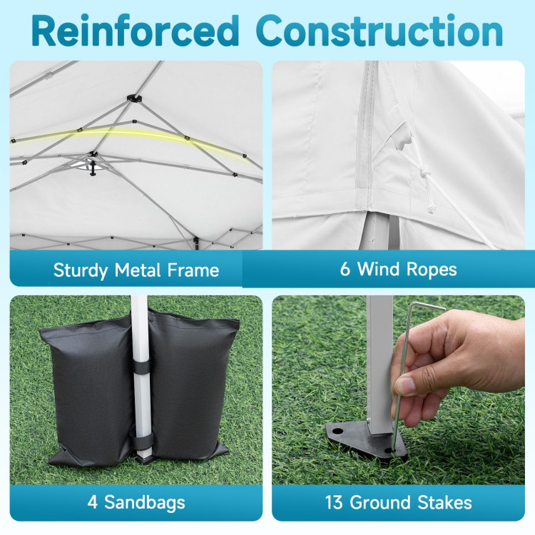 Reinforced construction of the 10 x 20 FT pop-up canopy tent includes 4 sandbags and 13 ground stakes for stability.