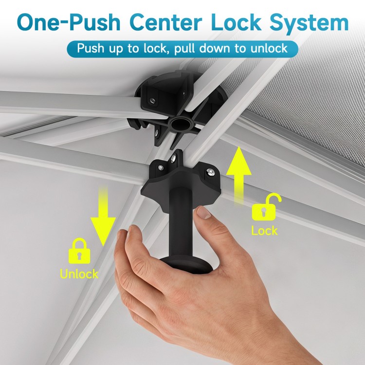 The image shows the one-push center lock system for the 10 x 20 FT pop-up canopy tent, ensuring easy setup and stability.