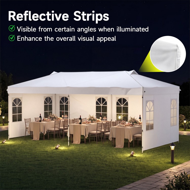 Pop up canopy tent with 6 sidewalls, adjustable height, and reflective strips for enhanced nighttime visibility.