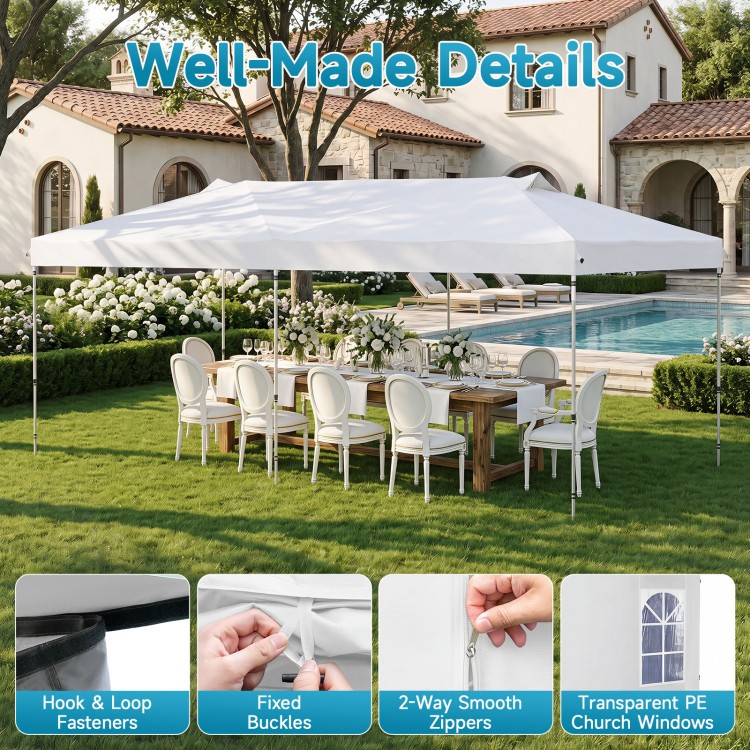 10 x 20 FT pop-up canopy tent with adjustable height, removable sidewalls, and church windows for outdoor events.