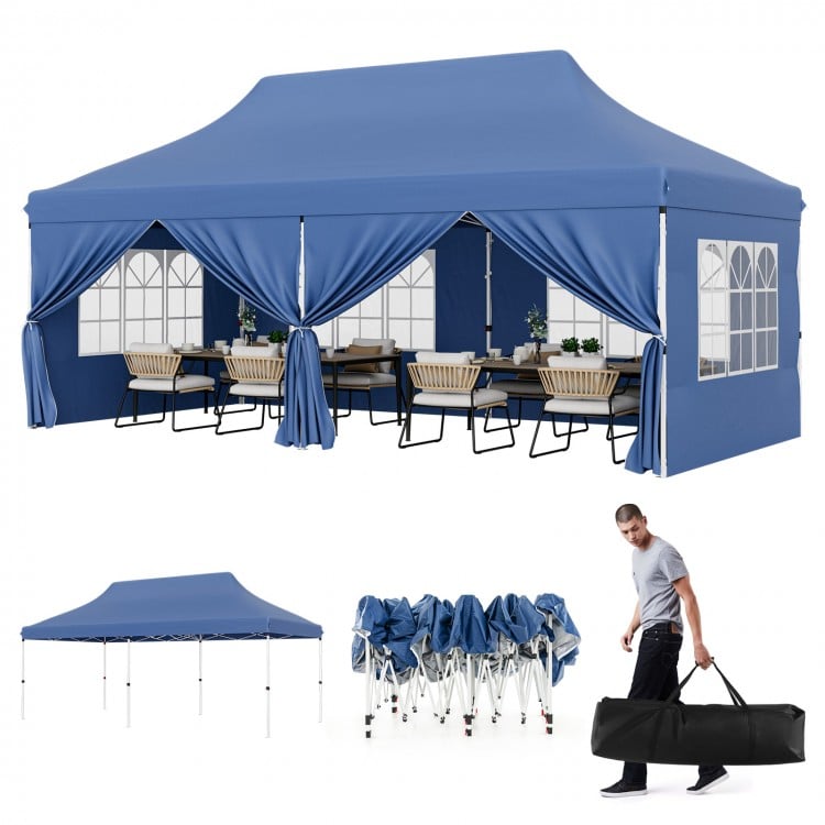 Blue 10 x 20 FT pop-up canopy with 6 sidewalls and windows, ideal for weddings and parties, includes carrying bag.