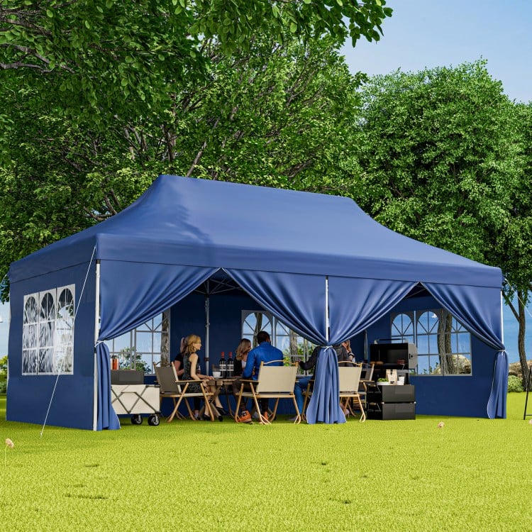 Blue 10 x 20 FT pop-up canopy with six sidewalls, ideal for outdoor parties and weddings, featuring windows and easy.