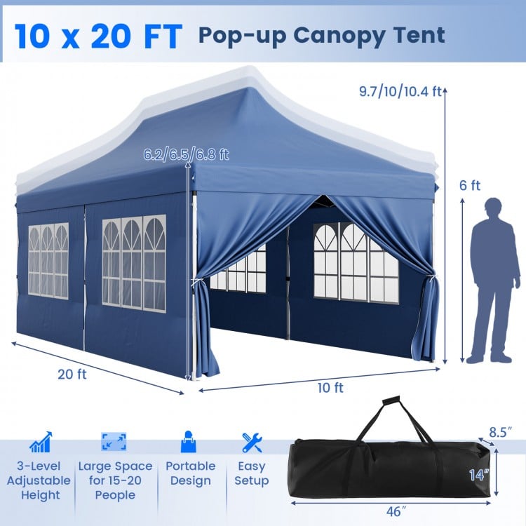 10 x 20 FT blue pop-up canopy tent with 6 sidewalls and windows, ideal for parties and weddings, includes carrying bag.