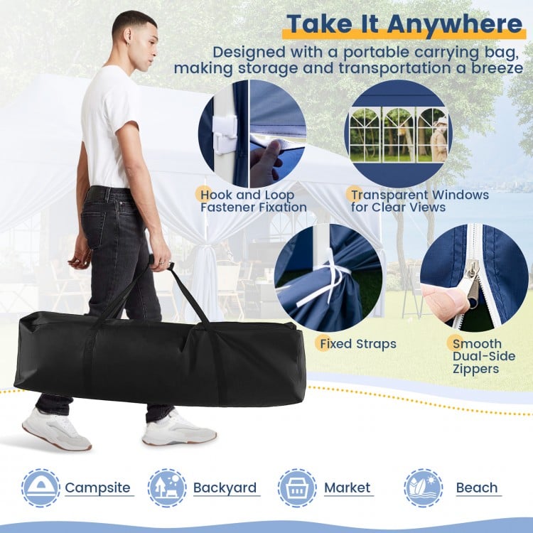 Portable 10 x 20 FT pop-up canopy in blue with carrying bag, featuring transparent windows and zippered sidewalls for.