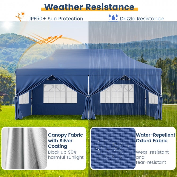 10 x 20 FT blue pop-up canopy with 6 sidewalls, water-resistant fabric, ideal for parties and weddings.