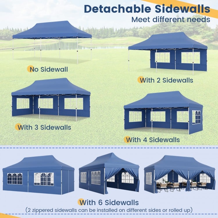 10 x 20 FT pop-up canopy with 6 sidewalls and windows, ideal for parties and weddings, featuring water-resistant fabric.