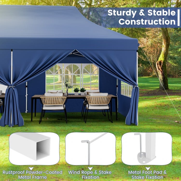 Side view of the 10 x 20 FT blue pop-up canopy showcasing its sturdy metal frame and zippered sidewalls for outdoor.