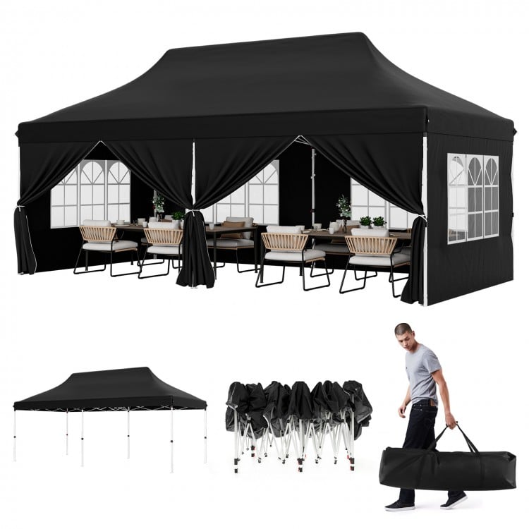 10 x 20 FT black pop-up canopy with 6 sidewalls and windows, ideal for parties and weddings, includes carrying bag.