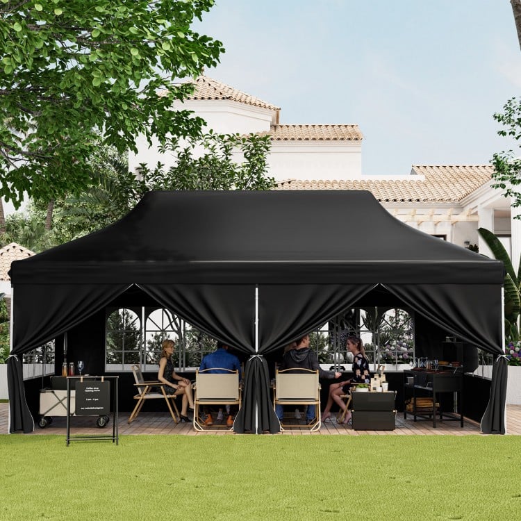 10 x 20 FT black pop-up canopy with 6 sidewalls, ideal for outdoor parties, weddings, and picnics.