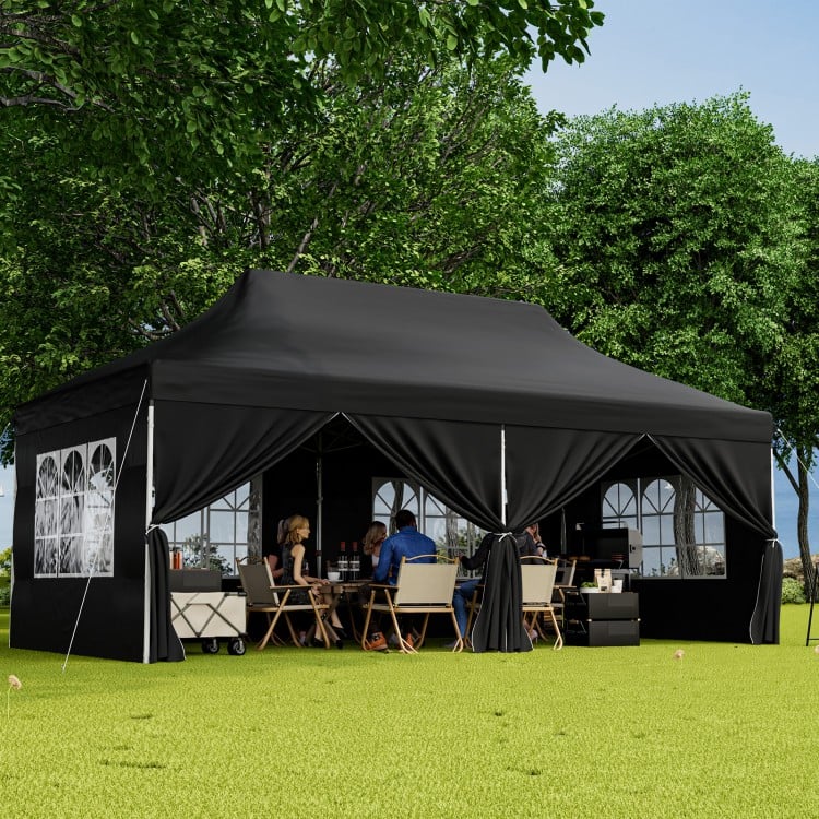 10 x 20 FT black pop-up canopy with 6 sidewalls and windows, ideal for outdoor parties and weddings.