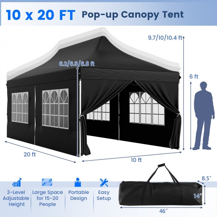 10 x 20 FT black pop-up canopy tent with 6 sidewalls, windows, and carrying bag, perfect for parties and weddings.