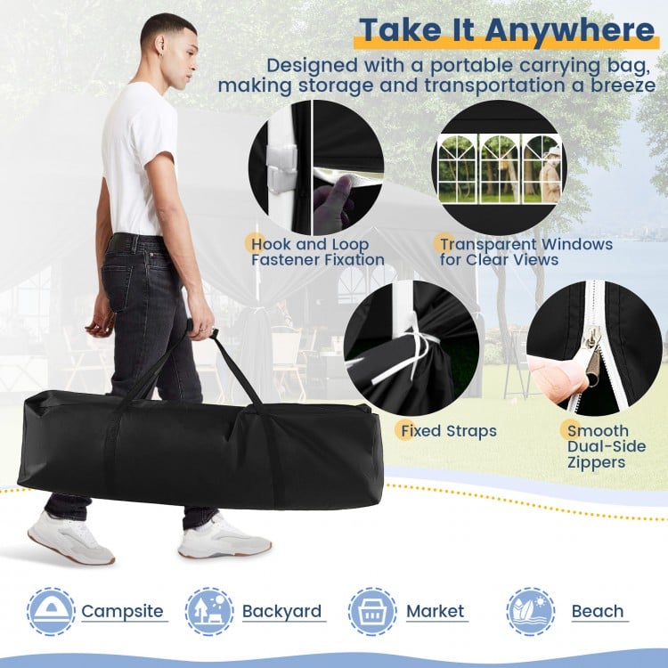 Portable 10 x 20 FT black pop-up canopy with carrying bag, featuring transparent windows and smooth dual-side zippers.