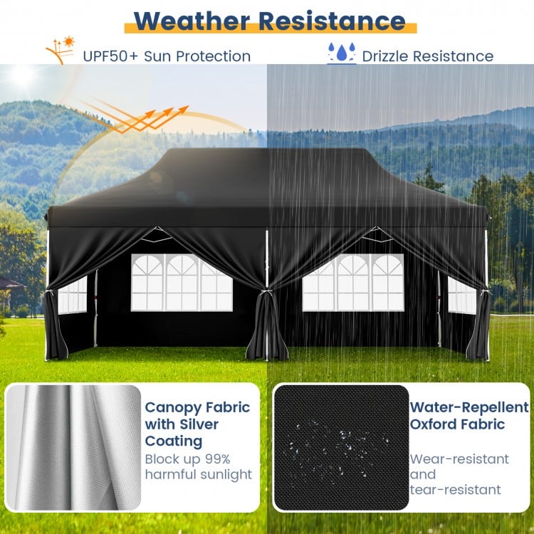 10 x 20 FT black pop-up canopy with 6 sidewalls, water-resistant fabric, ideal for parties and weddings outdoors.