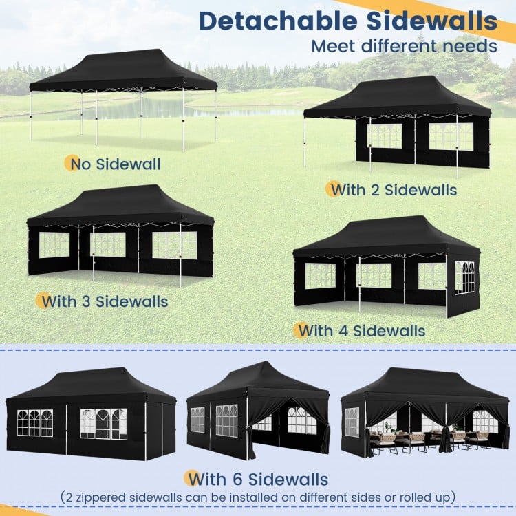 Pop-up canopy featuring 6 sidewalls with windows, ideal for parties and weddings, showcasing versatile setup options.