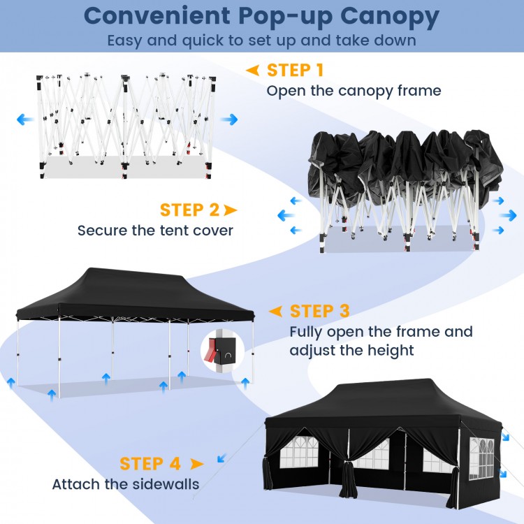 10 x 20 FT black pop-up canopy with 6 sidewalls, ideal for weddings and parties, featuring water-resistant fabric.
