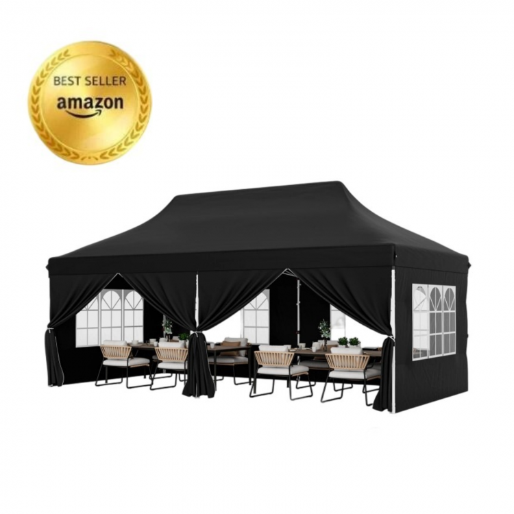 10 x 20 FT black pop-up canopy with 6 sidewalls and windows, ideal for parties and weddings, featuring water-resistant.
