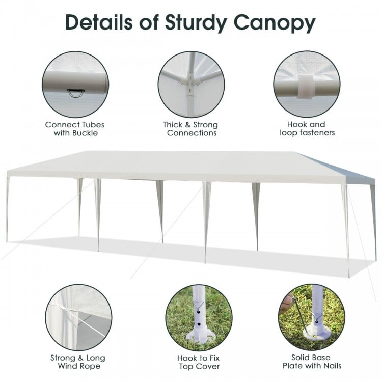 Detailed view of the 10 x 30 feet gazebo canopy tent showcasing strong connections, wind ropes, and sturdy frame for.