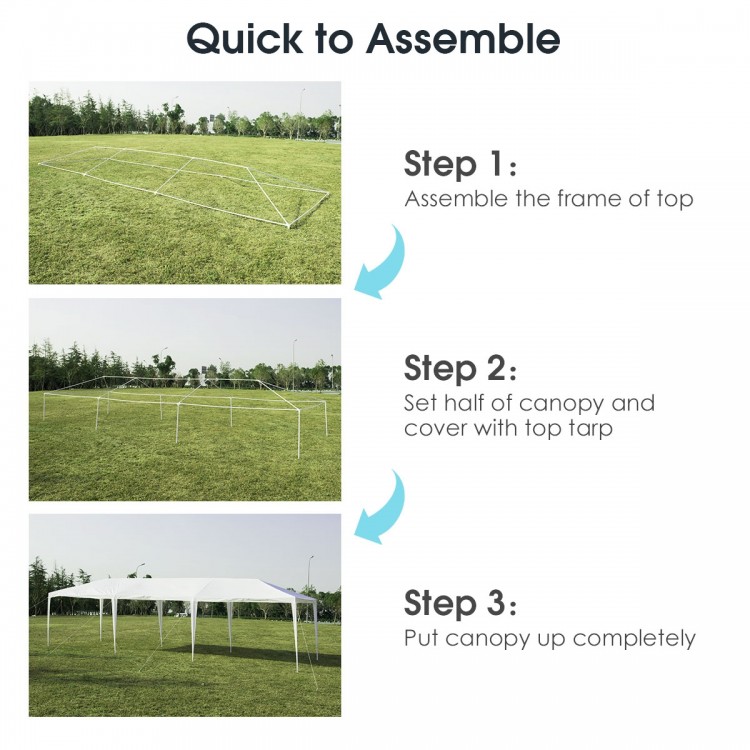 Step-by-step assembly guide for the 10 x 30 feet gazebo canopy tent, showcasing its easy setup process.
