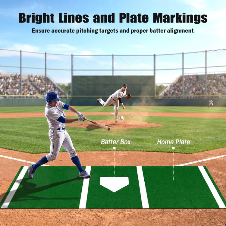 Baseball hitting mat with home plate and bright markings for accurate practice, featuring anti-slip rubber backing.
