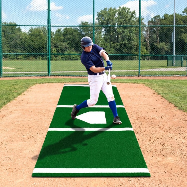 Baseball hitting mat with home plate, featuring anti-slip backing and realistic turf for accurate practice.