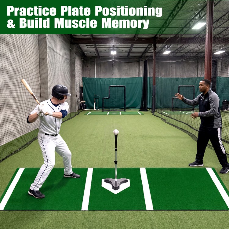 Baseball and softball hitting mat with home plate, featuring clear markings for accurate practice and anti-slip backing.