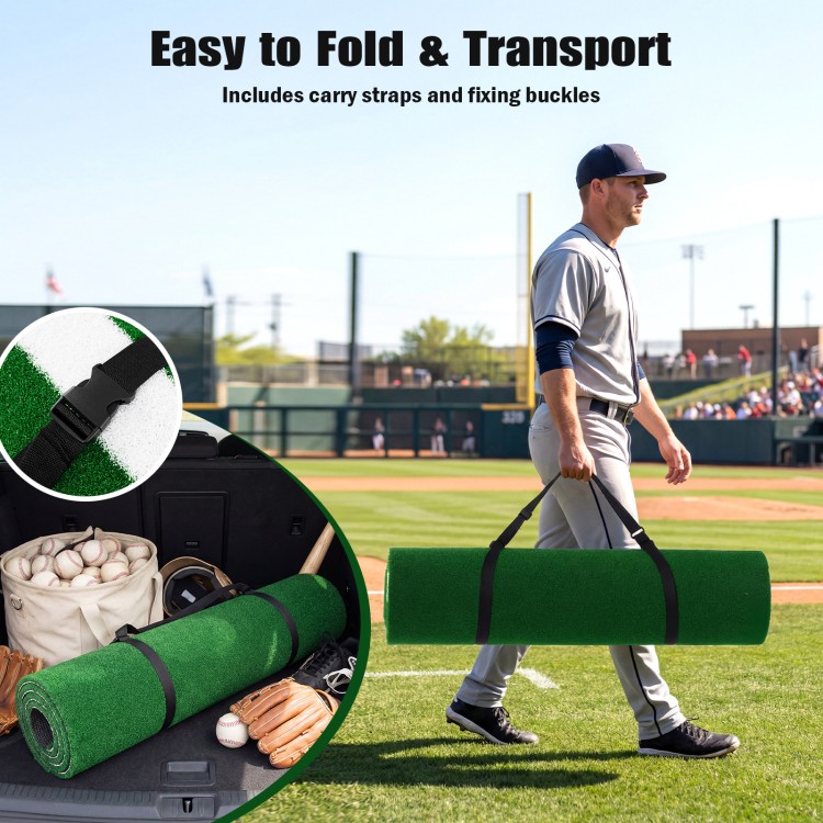 Baseball and softball hitting mat with home plate, green, featuring carry straps for easy transport and practice.
