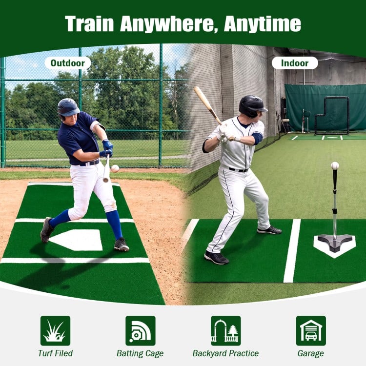 Baseball and softball hitting mat with home plate, featuring clear markings and anti-slip backing for indoor and.