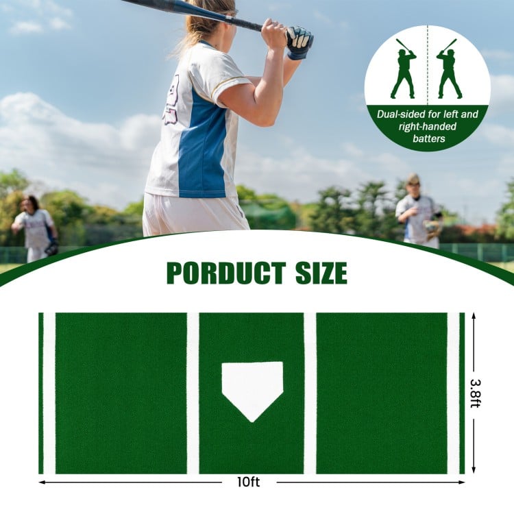 Baseball and softball hitting mat, 10 x 3.8 ft, green with home plate, dual-sided for left and right-handed batters.