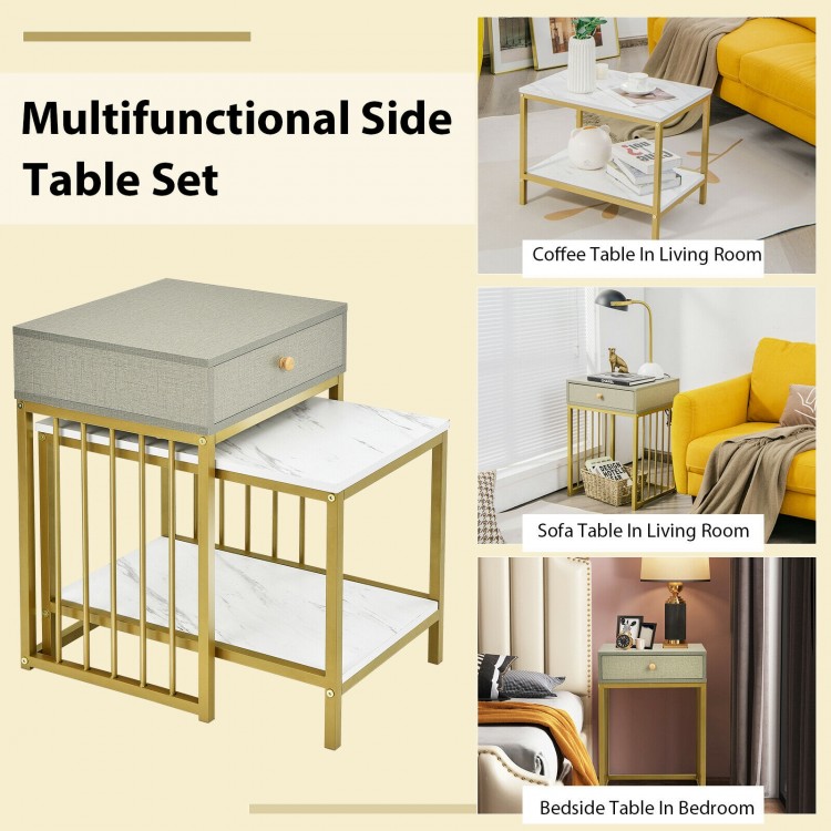 Modern nesting coffee table set with drawer and shelf, featuring a faux marble top and sturdy steel construction for.
