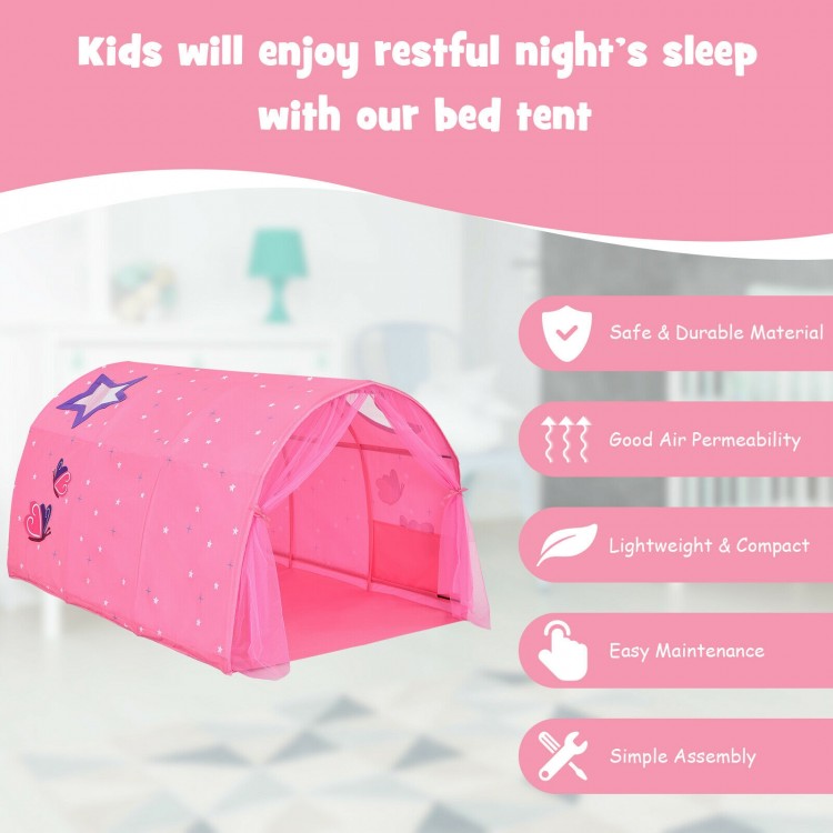 Pink kids play tent with starry sky design, made of peach skin fabric, featuring mesh windows for ventilation and.