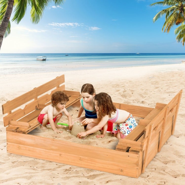Kids wooden sandbox with two foldable bench seats, made of fir wood, perfect for 3-4 children to play and dig.