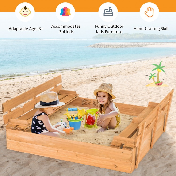 Kids wooden sandbox with two foldable bench seats, made of fir wood, accommodates 3-4 children for outdoor play.