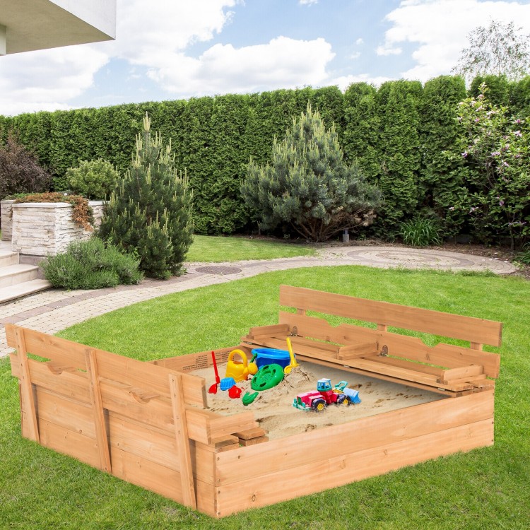Kids wooden sandbox with foldable bench seats, made of fir wood, perfect for 3-4 children to play and dig in the yard.