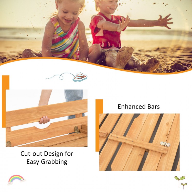 Cut-out design for easy grabbing and enhanced bars of the kids' wooden sandbox with foldable bench seats.