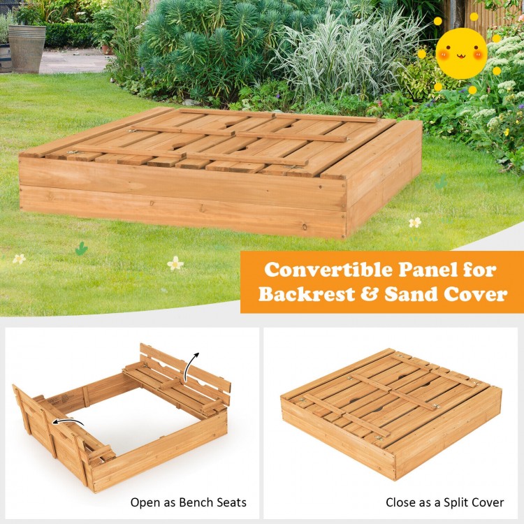 Kids wooden sandbox with foldable bench seats, made of fir wood, converts to a split cover for sand protection.