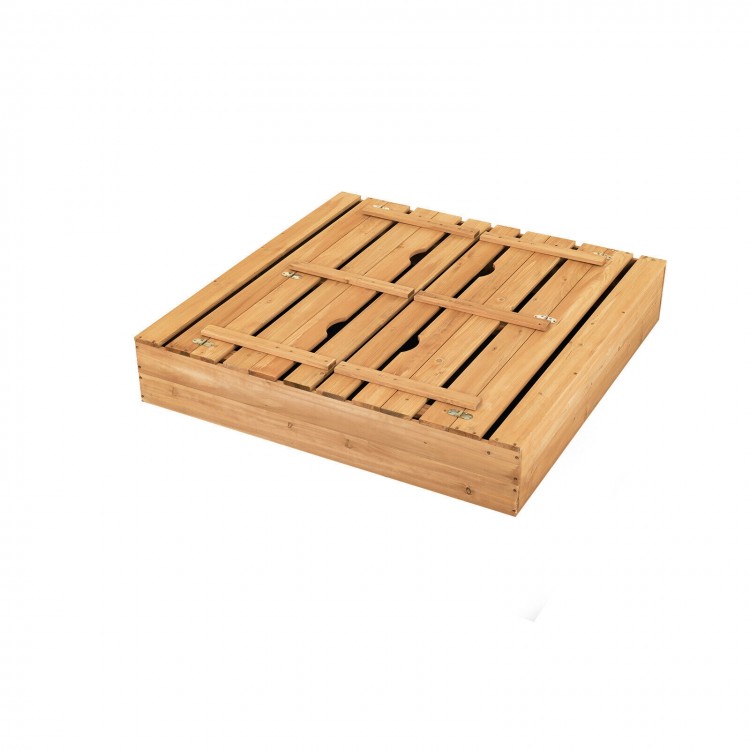 Kids wooden sandbox with foldable bench seats, made of fir wood, ideal for 3-4 children to play and dig.