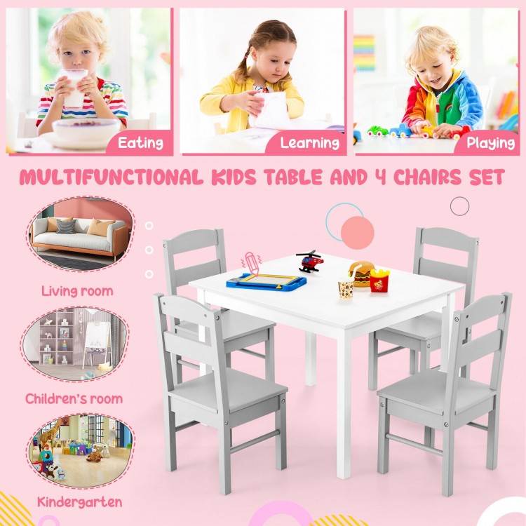 Kids 5-piece table and chair set in white, perfect for activities, reading, and playing in playrooms or classrooms.