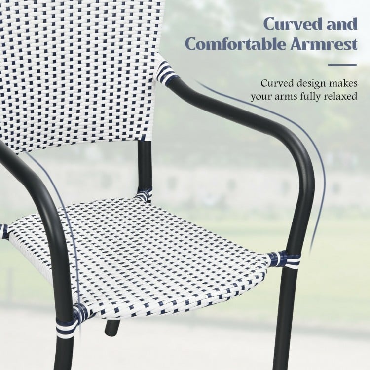 Curved armrest detail of a stackable outdoor rattan dining chair, made of weather-resistant PE rattan for garden use.