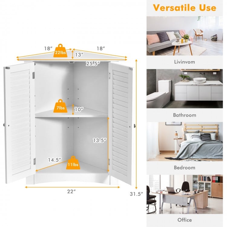 Freestanding white bathroom corner storage cabinet with shutter doors, adjustable shelves, and spacious storage for.