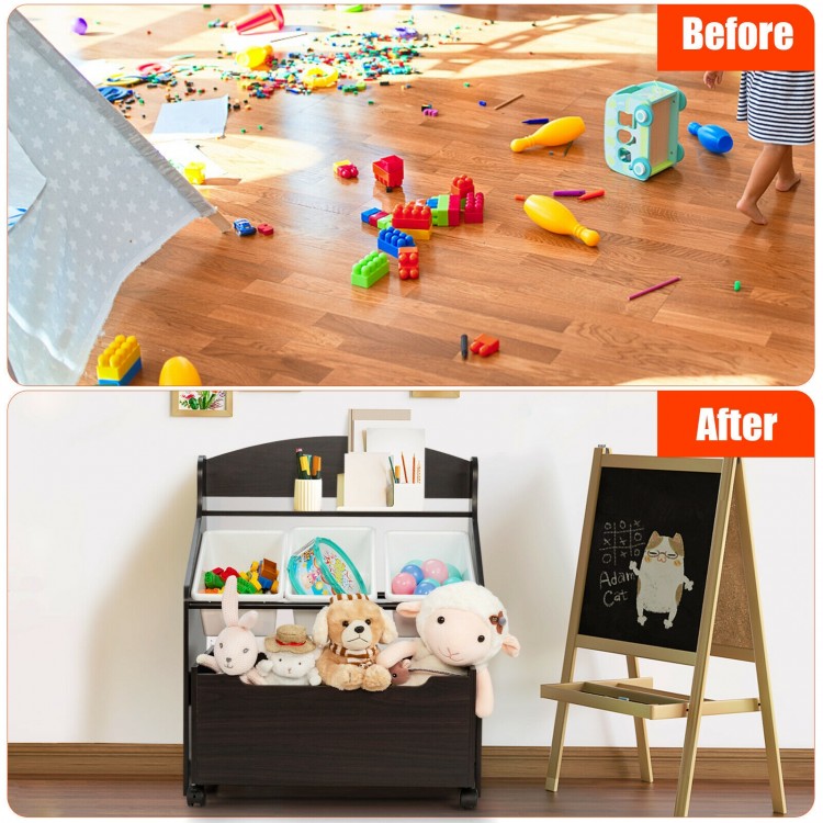 Espresso kids toy storage unit with top display shelf, featuring three removable bins for convenient organization.