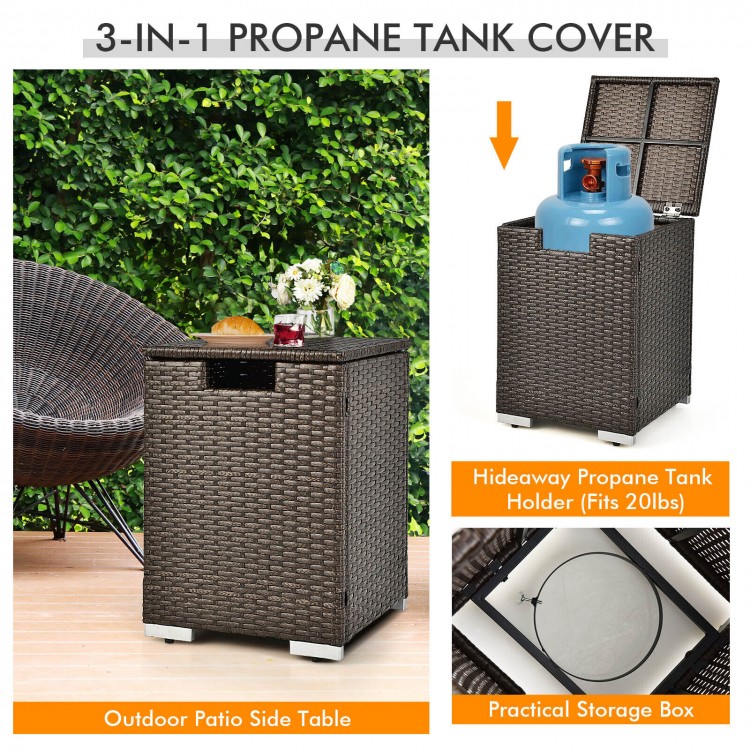 Brown propane tank holder and side table made of all-weather PE rattan, ideal for outdoor use and storage.