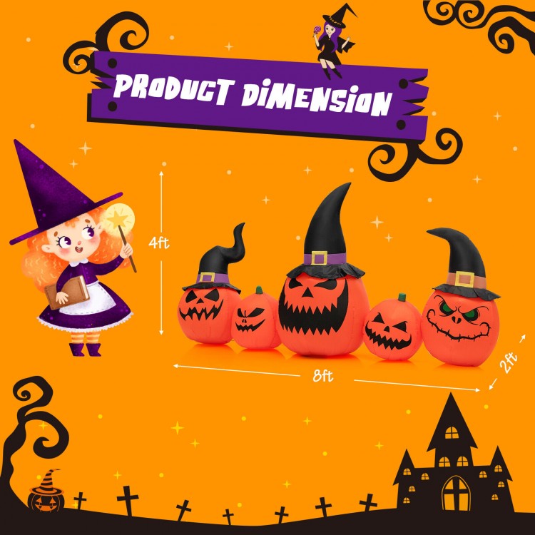 Inflatable pumpkin family decoration, 8 feet wide, featuring LED lights, perfect for Halloween yard displays.