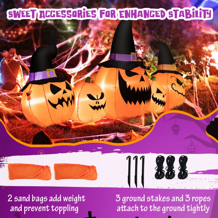 Detail shot of ground stakes and ropes for securing inflatable pumpkin family, enhancing stability for Halloween.