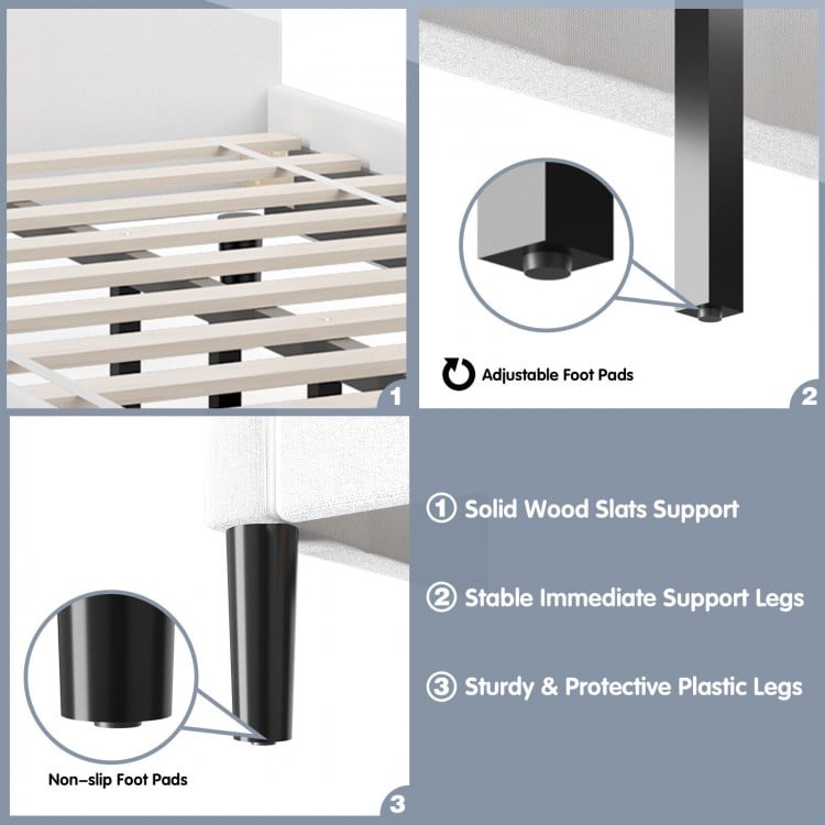 Solid wood slats and adjustable foot pads provide sturdy support for the beige platform bed with tufted headboard.