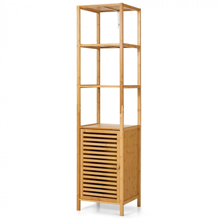 Slim bamboo floor storage cabinet with 4 tiers, shutter door, and anti-toppling device, ideal for small spaces.