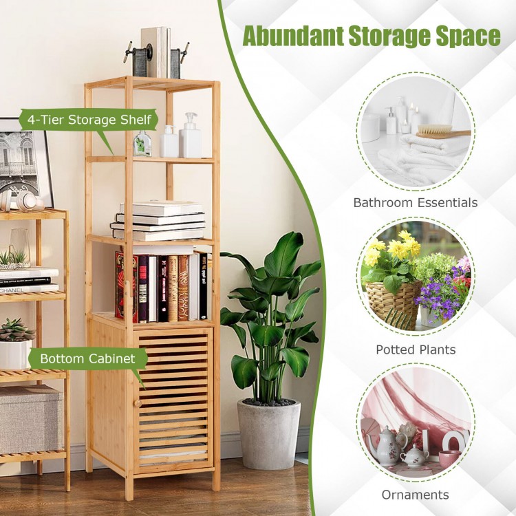 4-tier slim bamboo floor storage cabinet with shutter door, ideal for bathroom or kitchen, featuring spacious shelves.