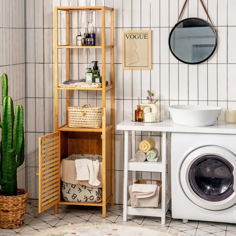 Slim bamboo floor storage cabinet with shutter door, featuring 4 tiers and anti-toppling device, perfect for small.
