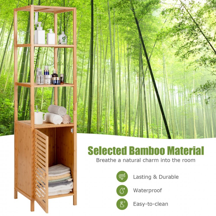 4-tier slim bamboo storage cabinet with shutter door, featuring durable construction and ideal for small spaces.